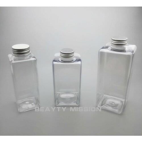 Transparent 350ml/450ml/650ml 10 pcs/lot Empty Square Juice Water Bottle, Aluminum Cap PET Thickening Refillable Bottles