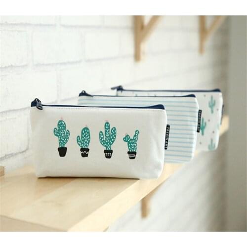 S308 lovely creative Brief Style cute cartoon simple high capacity multifunctional Green cactus canvas bag student pencilcase