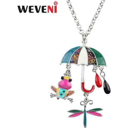 WEVENI Enamel Alloy Raining Umbrella Frog Dragonfly Raindrop Necklace Pendant Fashion Cartoon Jewelry For Women Girls Teens Gift