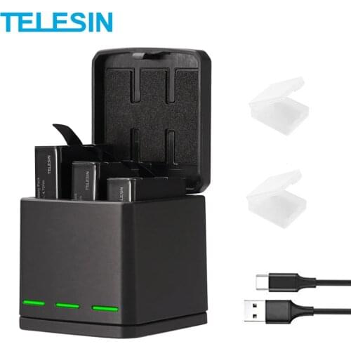 TELESIN 3 Slots LED Battery Charger Storage Box + Battery Pack + Type C Cable for GoPro Hero 5 6 7 8 Camera Accessories