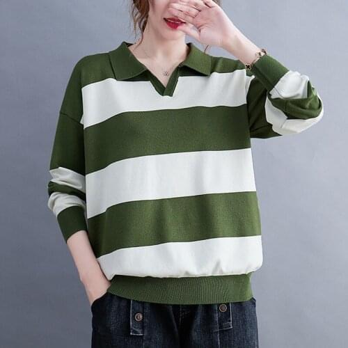 Women Casual Knitted Pullovers New 2021 Autumn Simple Style Turn-down Collar Striped Loose Female Long Sleeve Sweaters B1053