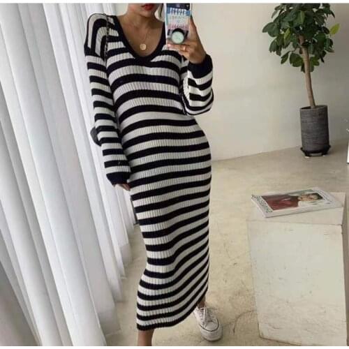 Korean Fashion V-neck Stripe Vestidos De Festa Slim Knit Dress Female Robe De Soiree Sukienki Na Wesele Damskie Vestidos Mujer