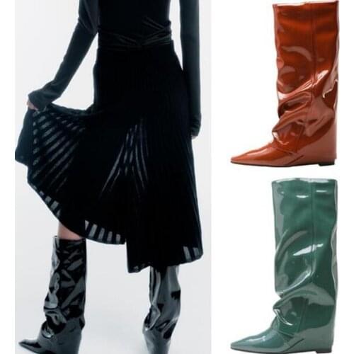 Winter Ladys Black Green Brick Red Patent Leather 6 cm Wedge Knee High Boots Woman Pointed Toe Fashion Tube Long Pants Boots