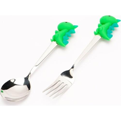 2PCS Dinosaur Tableware Set Kitchen Flatware Birthday Party Tableware Fork Spoon Cutlery Set Stainless Steel Dinnerware Set