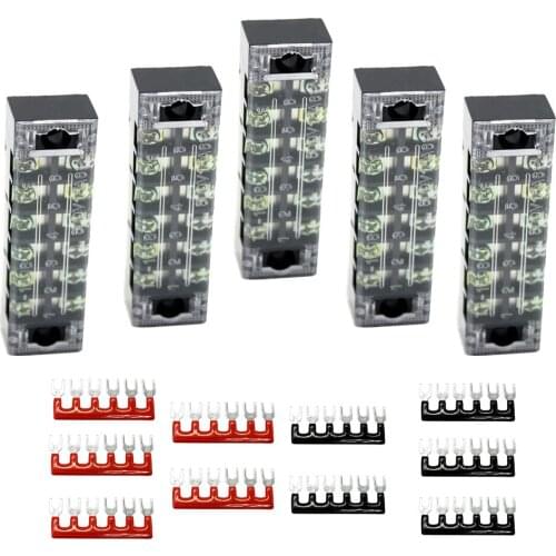 5 Sets 2 Row 6P Screw Blocks 600V 15A with Terminal Barrier Strip Red+Black
