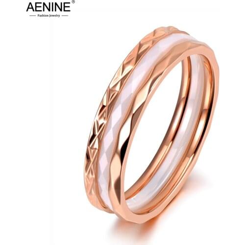 AENINE Original Design Titanium Steel White/Black Cut Ceramic Ring Jewelry Rose Gold Wedding Engagement Rings For Women AR19135