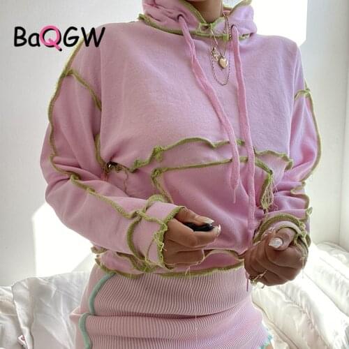 BaQGW Hoodies for Women Hooded Ripped Patchwork Leisure Oversize Pullovers Style Gothic Womens Loose Streetwear Pink Sweatshirt