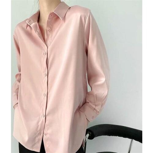 Vintage Blouse Fashion Button Up Satin Silk Shirt Women Pink Lady Long Sleeves Female Loose Street Shirts