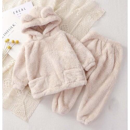 Kids pajamas children sleepwear baby plush pajamas sets boys girls bear ear hooded pullover long trouser pyjama pijama sets 1-6y