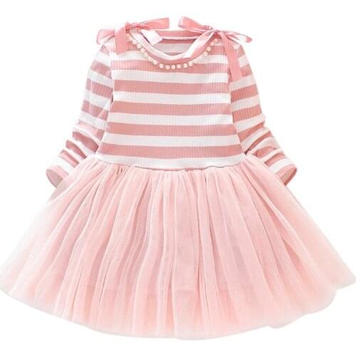 Childrens dress 2021 spring and autumn new girl striped stitching mesh long-sleeved dress Western princess dress
