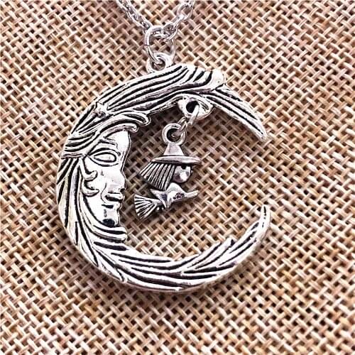 Gothic Crescent Moon Necklace Wizard Magic Pagan Witch Pendants Antique Silver Color Short Chain Choker Necklace Fashion Jewelry