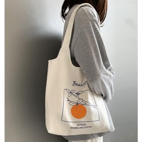 Women Canvas Tote Shoulder Bags Orange Design Print Female Casual Handbags Simple Cotton Cloth Shopper Girls School Travel Bag