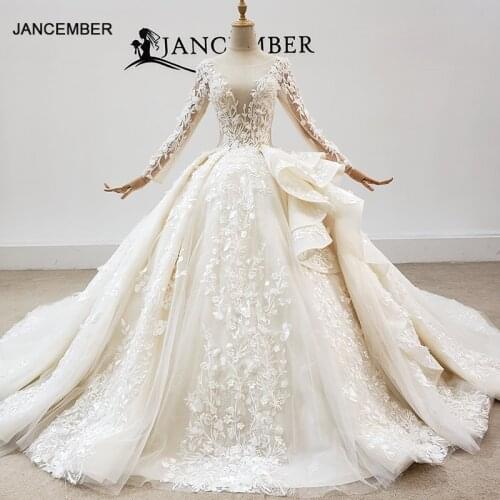 HTL1926 Champagne Appliques Crystal Sequined Wedding Dress 2020 Lace Long Sleeve Deep V-Neck Ball Gowns