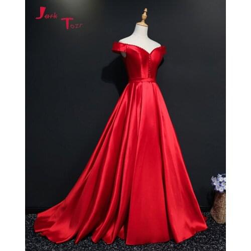 Jark Tozr New Arrive V-neck Short Sleeve Lace Up Beading Red Satin A-line Formal Evening Dresses Long Vestido De Festa