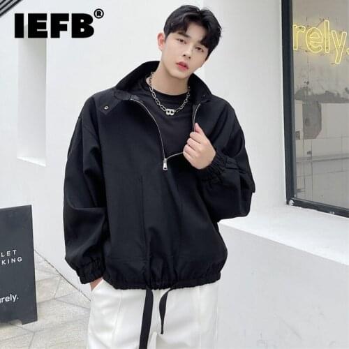 IEFB Korean Tide Black White Short Jacket Handsome Simple Workwear Half Zipper Pullover Loose Long Sleeve Coat Drawstring Hem