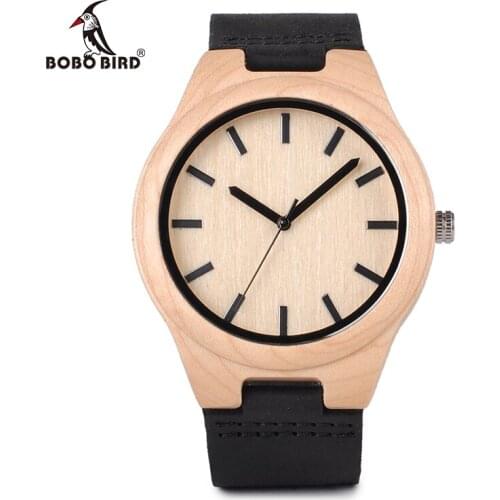 BOBO BIRD Men Watch Maple Natural Wooden Watches Black Genuine Leather Strap Wristwatch relogio masculino B-F21