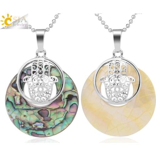 CSJA Natural Abalone Shell Circle Pendant MOP Shells Hamsa Hand Fatima Palm Charms Pendants Necklaces for Women Men Jewelry G029