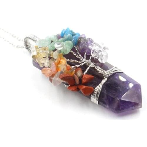7 Chakra Crystal Tree of Life Wire Wrapped Quartz Necklace Natural Stone Healing Gem stone Point Pendant Necklace Jewelry