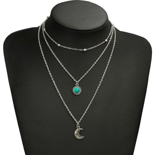 Women Multilayer Crescent Moon Faux Turquoise Chain Pendant Necklace Jewelry Vintage Necklace Choker Women Multilayer Necklace