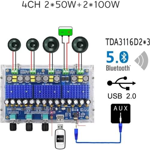 Bluetooth 5.0 USB2.0 AUX 3.5 TDA3116D2 Digital Amplifier Board 4CH Dual Bass Dual Stereo 2*50W+2*100W Audio Amplifier Tuning Car