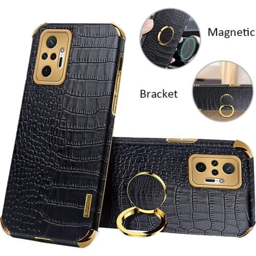 Luxury 6D Armor Ring Holder Phone Case For Xiaomi Redmi Note 10 Pro MAX Note 10s Gold Corners Crocodile Texture Leather Cover