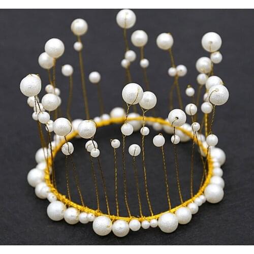 SHUANGR Exquisite Bridal Pearl Crown Tiaras Headband Cake Decoration Seagrass Pearls Baked Round Headdress Wedding Jewelry