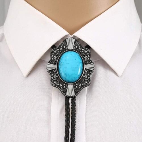 Blue turquoise bolo tie for man handmakde Indian cowboy western cowgirl zinc alloy necktie