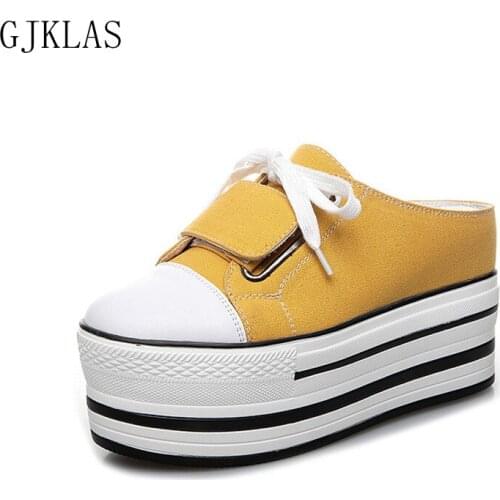 Wedge Platform Sneakers Canvas Shoes Fashion Yellow Black Woman Slippers Vulcanize Shoes Comfy Platforms Wedges Shoes for Women
