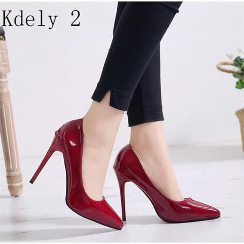 Hot Women Shoes Pointed Toe Pumps Patent Leather Dress High Heels Boat Wedding Zapatos Mujer Blue Wine Red Plus Size 34-44