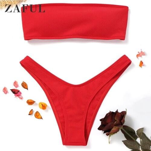 Zaful Women High Cut Ribbed Bandeau Bikini Set Lace Up Strapless Swimwear Solid Bathing Suit Summer Sexy Girl Beach Swimsuit