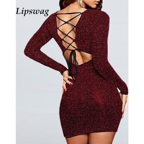 Women Sexy Backless Lace Up Slim Mini Dress 2021 Spring Fashion Hollow Out Shine Party Dresses Lady Elegant Long Sleeve Vestidos