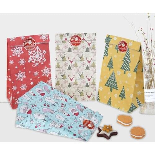 12pcs/lot Christmas Gift Bag Kraft Paper Bag With Seal Sticker Santa Claus Deer Candy Cookies Bag Food Package Xmas Party Decor