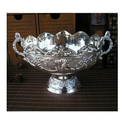 19.5cm classic round wave-opening floral carved embossed alloy metal seat tray snack fruit bowl desk sugar storage silver tray
