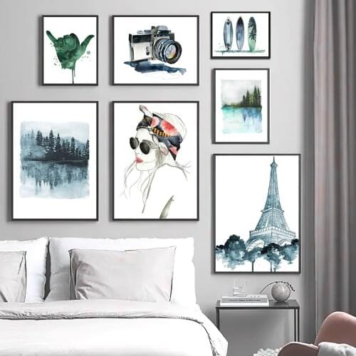 Watercolor Paris Tower Woman Surfboard Wall Art Canvas Painting Nordic Posters And Prints Wall Pictures For Living Room Decor
