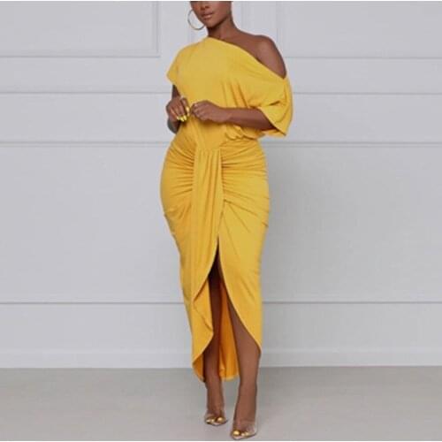 Asymmetrical Yellow Dress For Womens Solid Cold Shoulder Bodycon High Waisted High Split Sexy Elegant Evening Night Vestidos New