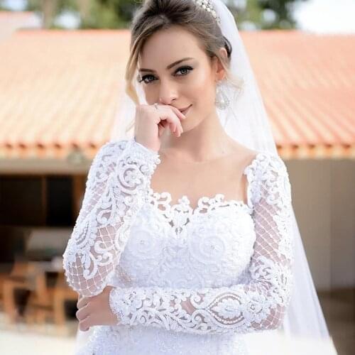 White Lace A Line Wedding Dress With Illusion O Neck Elegant Long Sleeves Appliques Sweep Train Bridal Gown Robe De Mariée A148