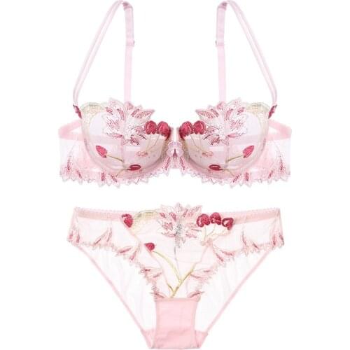 New Sexy Lace Lingerie Set Mesh Embroidery Underwear Women Ultra-Thin Sponge-Free Transparent Bra Set