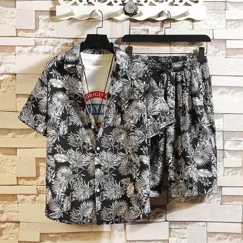 Summer Hawaii Mens Leaf Print Fashion Hip Hop Short Men Short Sleeve Vacation Shirt+beach Shorts 2 Piece Sets Sportswear Outfit