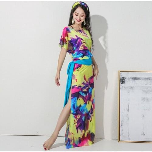 Belly dance suitcomfortable stretch fabric robe + headscarf + belt 3-piece suit female professional printing competition costume