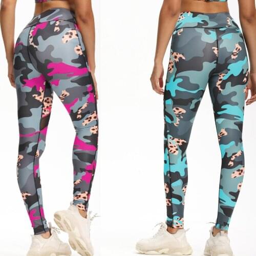 Leopard Camo Printed Yoga Pants Mesh Insert Leggings Sports Women Fitness Gym Workout High Waist Elastic Bootylicious Khaki Pink