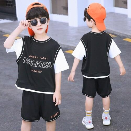 Summer Boys Clothes Sets Fashion Casual Loose Kids Sport Suits Korean Letter Fake Two Tshirts Shorts 2pcs Set for Boy 3-11 Years