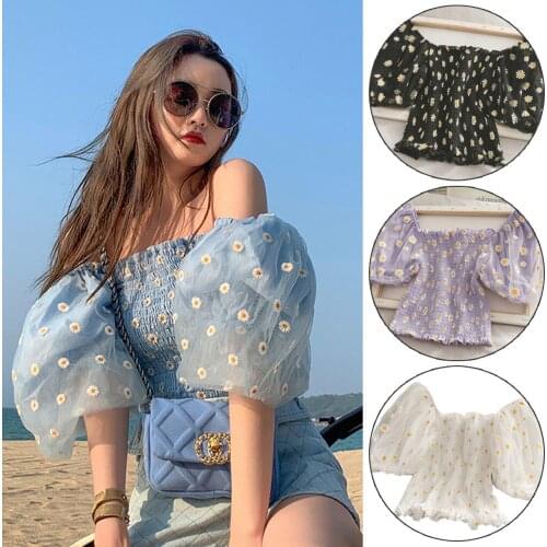Summer Casual Daisy Short blouse Women Sweetheart Slash Neck Crop Tops Puff Sleeve Little Daisy Blouse