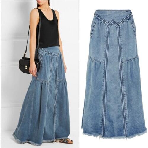 Fashion Women Denim Jeans Long Skirt Vintage Loose Fit Blue Long High Waist Pocket Front Denim Maxi Skirt