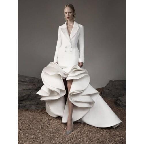 Fashion Hi-Lo Prom Dresses Ruffles Deep V Neck Long Sleeves Evening Dress Custom Made Floor Length Party Gown