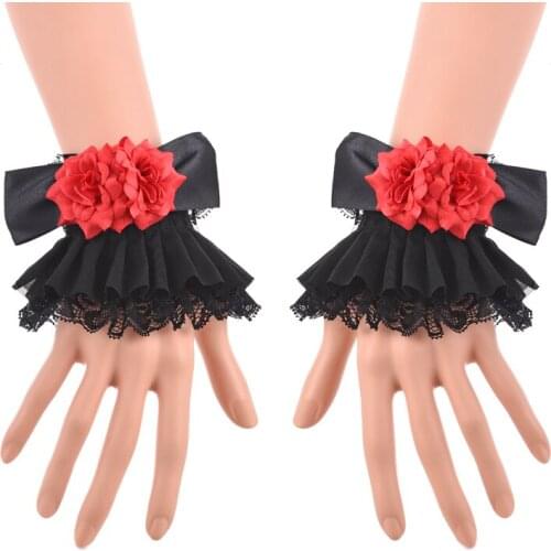Fashion Rose Black Bowtie Fake Sleeve Lace Lolita Cuffs Victorian Style Wrist Cuff Gothic Steampunk Costumes Accessories