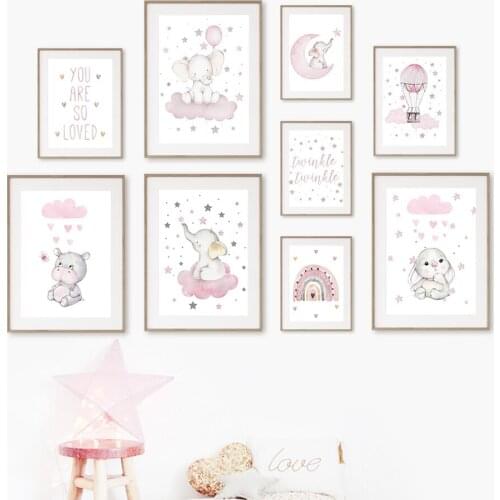 Elephant Bunny Hippo Star Cloud Rainbow Wall Art Canvas Painting Nordic Posters And Prints Pictures Child Kids Room Decoration