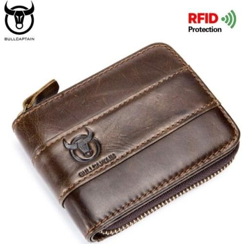 Genuine Leather Men Short Wallet Multi-function Card Slot Wallet RFID Anti-Theft Scan Purse Zipper Card Holder Money Bag
