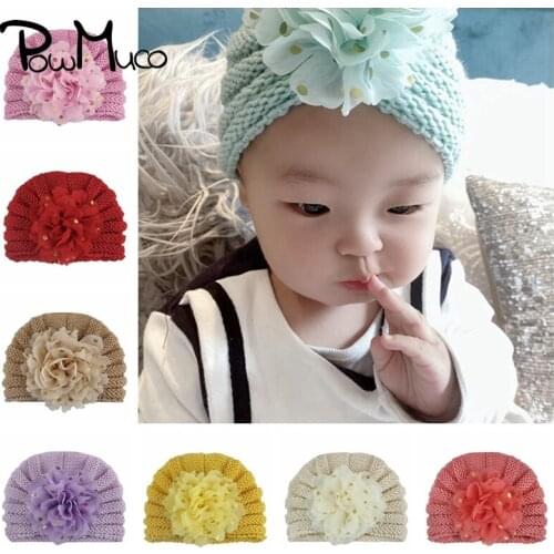 Powmuco 17*13 CM Solid Color Knitted Wool Hats Fashion Handmade Flower Caps with Golden Dots Warm Infant Bonnet Birthday Gifts