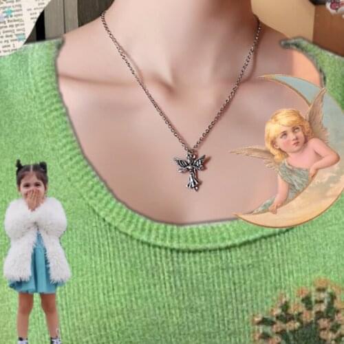 Harajuku Angel Wing Cross Pendant Necklace For Women Metal Cool Charm Hip Hop Y2K Punk Rock Choker Necklace Jewelry Gifts New