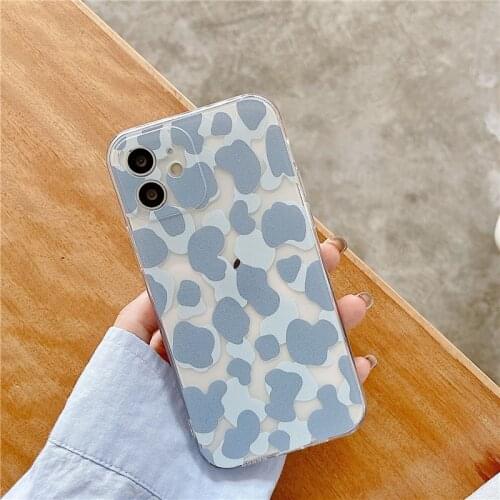 Retro Blue Cow print leopard kawaii Transparent Phone Case For iPhone 11 12 Pro Max Xs Max XR Xs 7 8 Plus 7Plus case Cute Cover